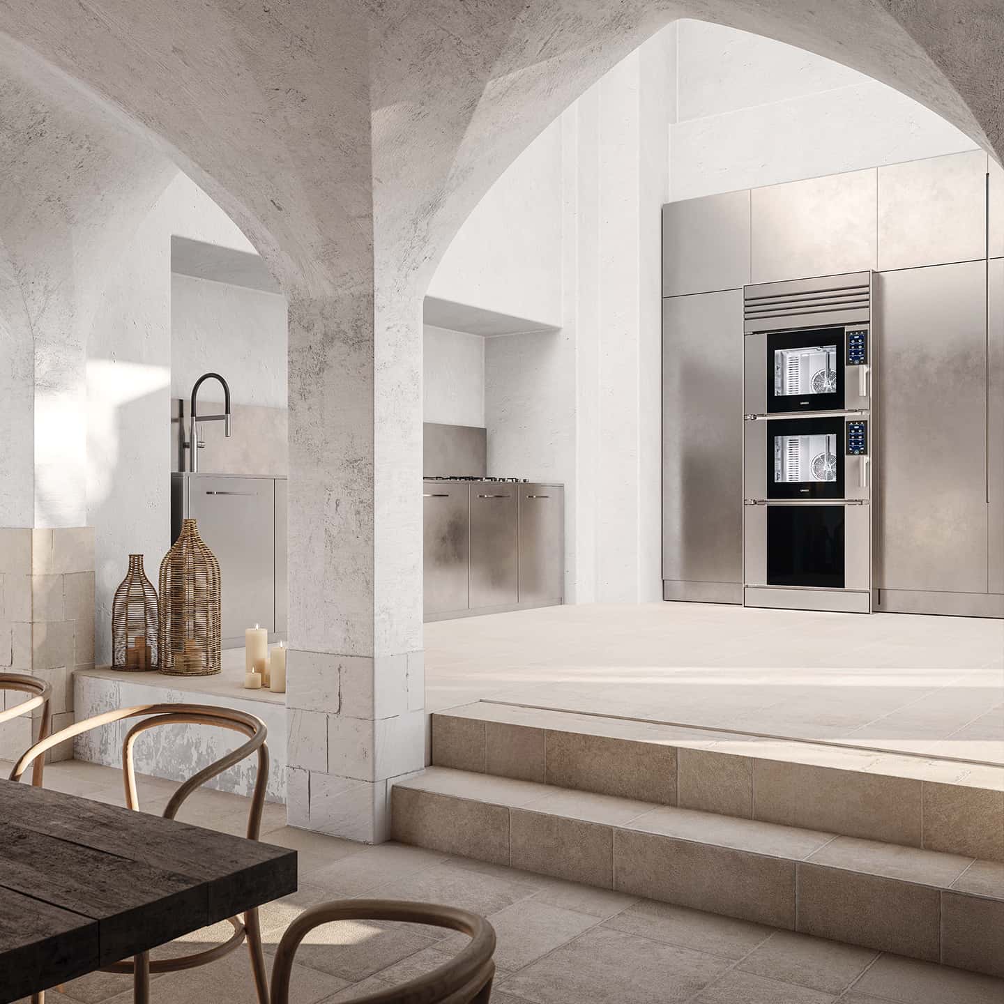 Cocina minimalista de lujo en una masía del Valle de Itria, con horno inteligente Model 1 de Unox Casa